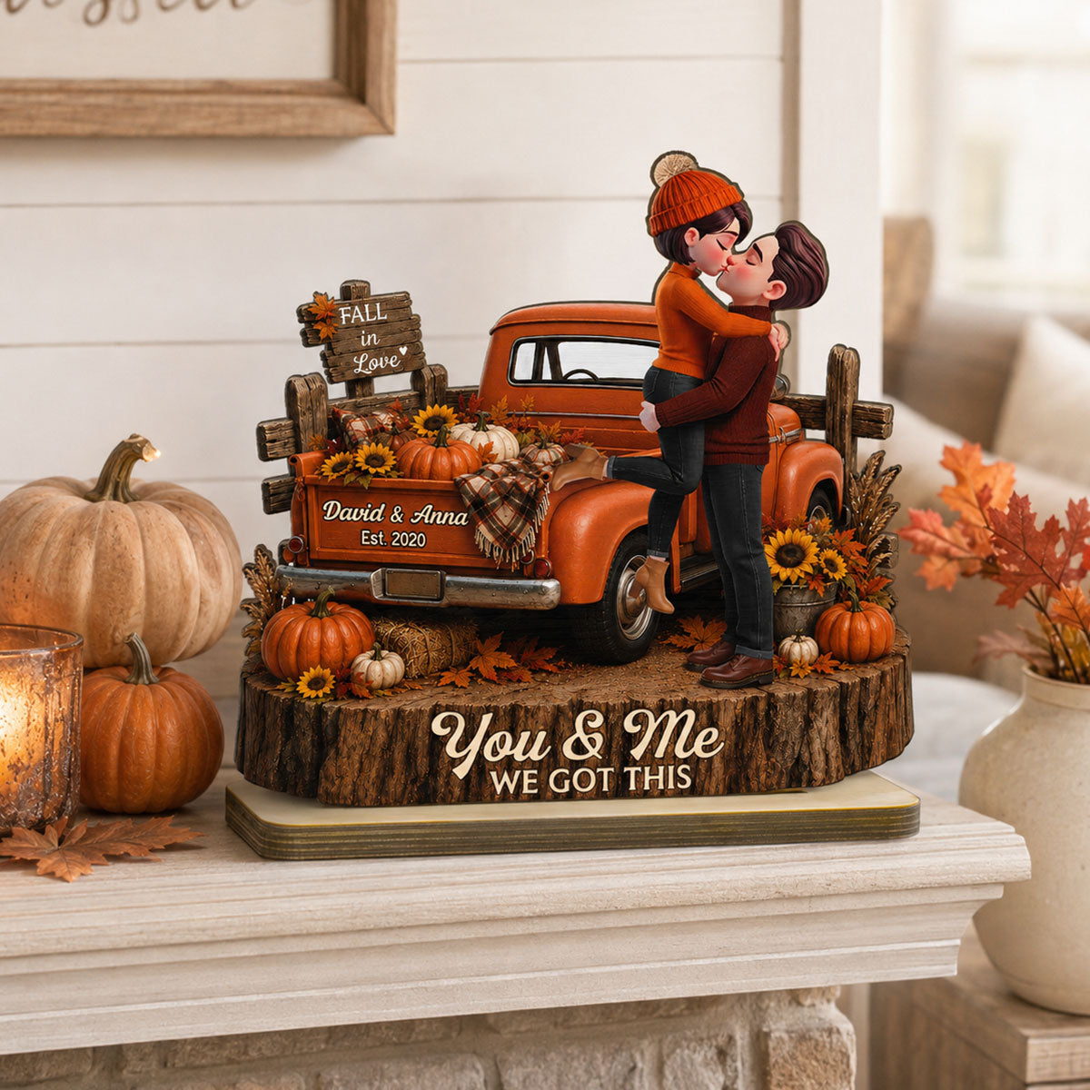 Fall Season Vibe Couple Farmhouse Pickup Truck - Personalized 2-Layered Wooden Plaque - Fall Gift For Couple
