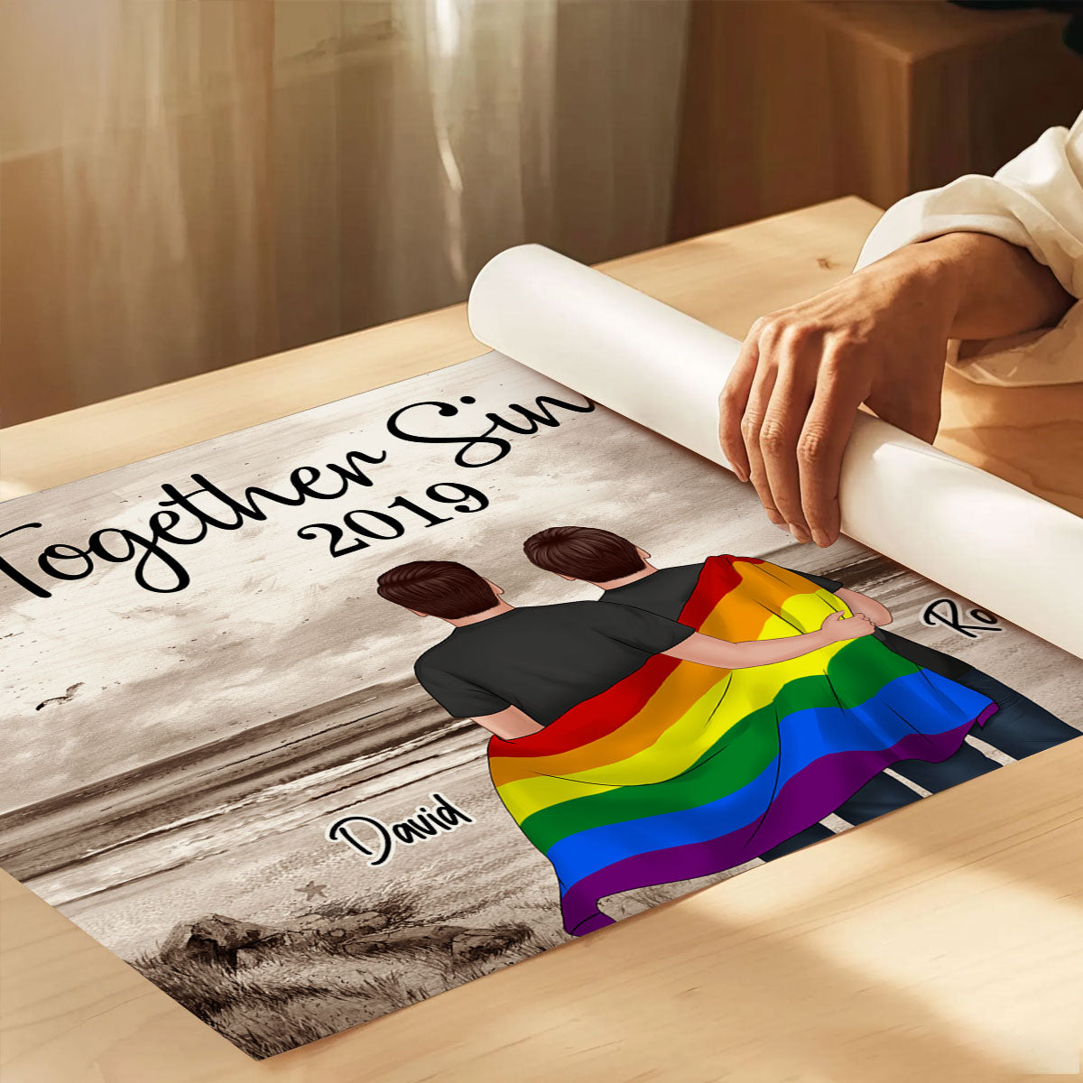 LGBTQ Couple Flag Beach Landscape Personalized Poster, Pride Month gift