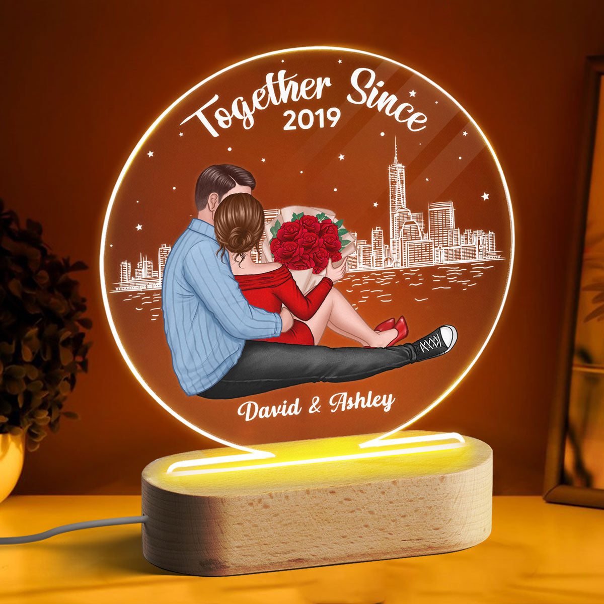 Couple Sitting Together Under Stars Personalized Circle Acrylic Plaque With LED Night Light - Valentine‘s Day Gift, Anniversary Gift For Her - Gift For Him