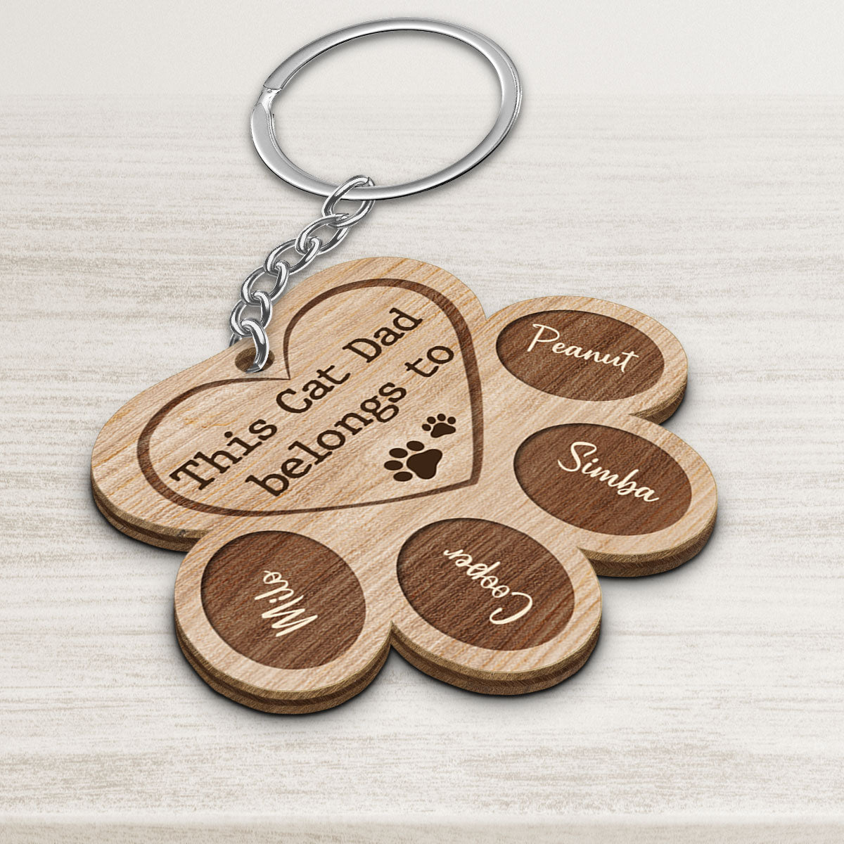 This Cat Dad Belongs To Paw Shape Personalized Wooden Keychain