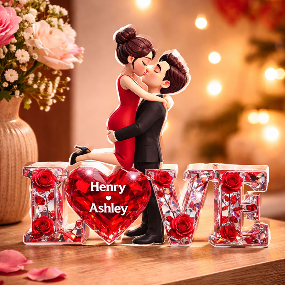 3D Shiny Rose Love Couple - Personalized Acrylic Block Plaque - Heartfelt Valentine's Day Gift For Him, Gift For Her