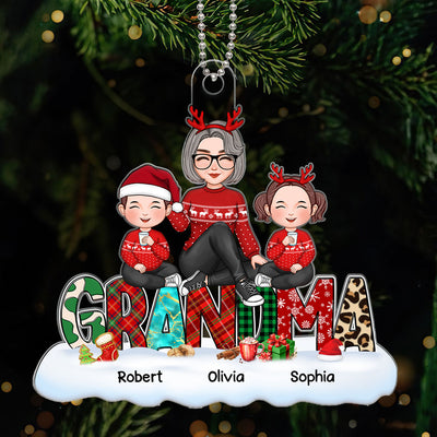 Grandma Grandkids Sitting On Words Christmas Pattern Personalized Acrylic Ornament