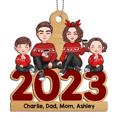Cute Family Dad Mom Kid Dog Cat Sitting On 2023 Personalized Wooden Ornament