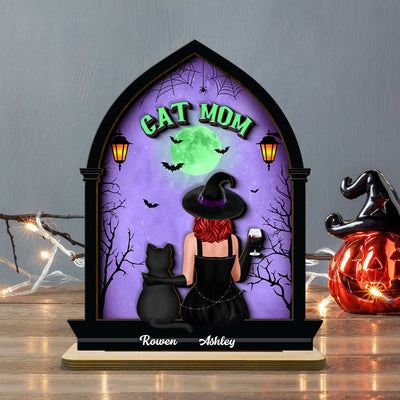 Halloween Witch and Cats Gothic Window Shaped Personalized 2-Layer Wooden Standing Plaque