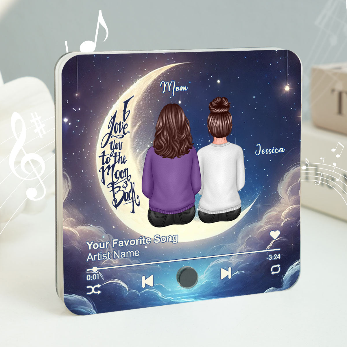 Mom & Daughter Sitting On The Moon Personalized Music Fridge Magnet, Perfect 2025 Gift For Mom