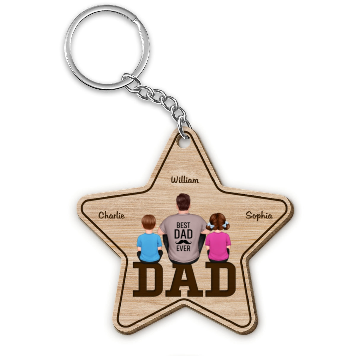 Dad Back View Man Kids Dog Cat Sitting On Text Personalized Star Wooden Keychain