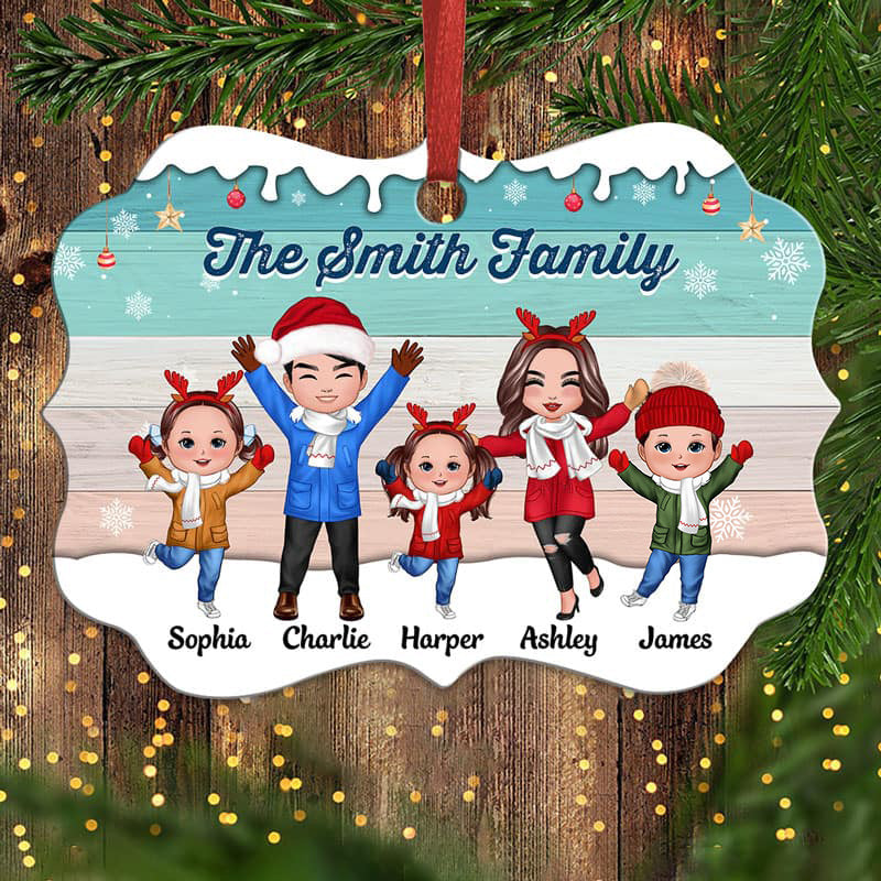Snow Green Palette Happy Doll Family Dad Mom Kids In Snow Personalized Christmas Ornament