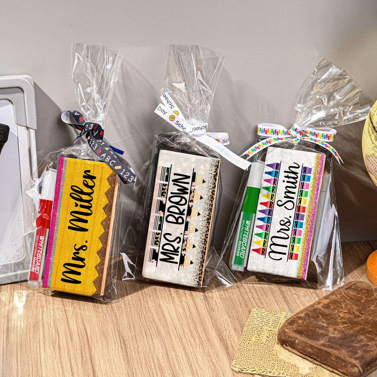 Teacher Pencil Glitter Pattern Personalized Teacher Whiteboard/Chalkboard Eraser with Marker, Teacher Appreciation Gifts, Back-to-School Teacher Gift Set