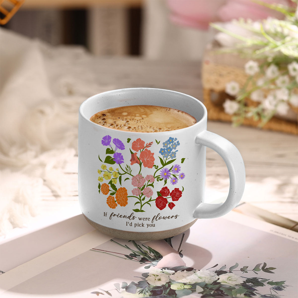 Custom Sisters Besties Birth Flower Bouquet Artwork Minimalist Personalized Pottery Mug