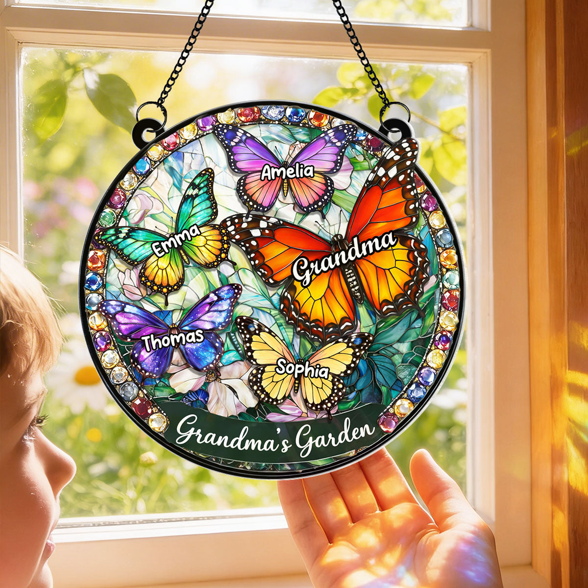 Grandma's Garden Butterflies - Personalized Acrylic Window Hanging - Heartfelt Mother's Day Gift for Grandma, Mom
