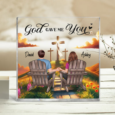 Cross God Knew My Heart Needed You Old Couple Sitting Together Personalized Acrylic Block Plaque, Anniversary  Gift For Him, Her, Husband, Wife