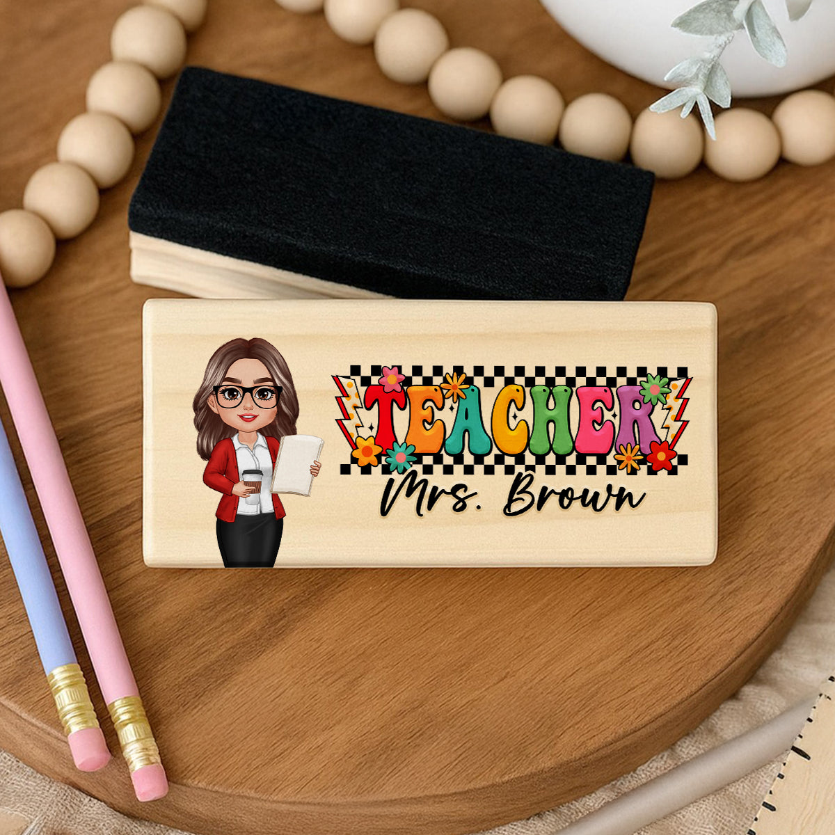 Teacher Sitting Personalized Teacher Whiteboard Eraser, Custom Teacher Appreciation Gifts, Chalkboard Eraser with Marker, Preschool Teacher Name gifts
