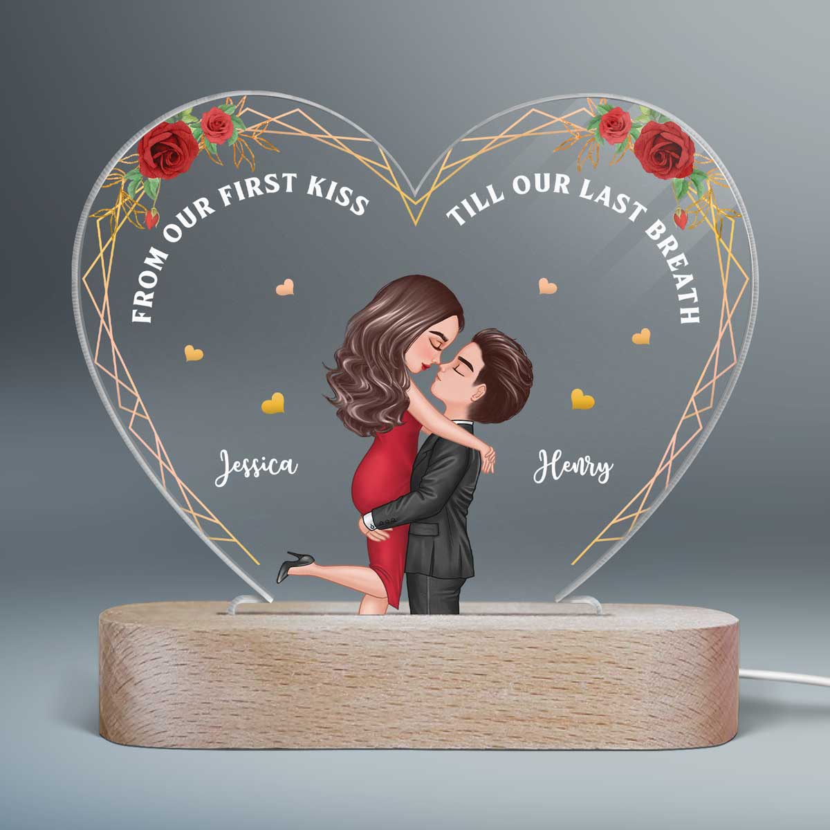Hugging Couple From Our First Kiss Personalized Heart Plaque LED Night Light - Acrylic LED Lamp