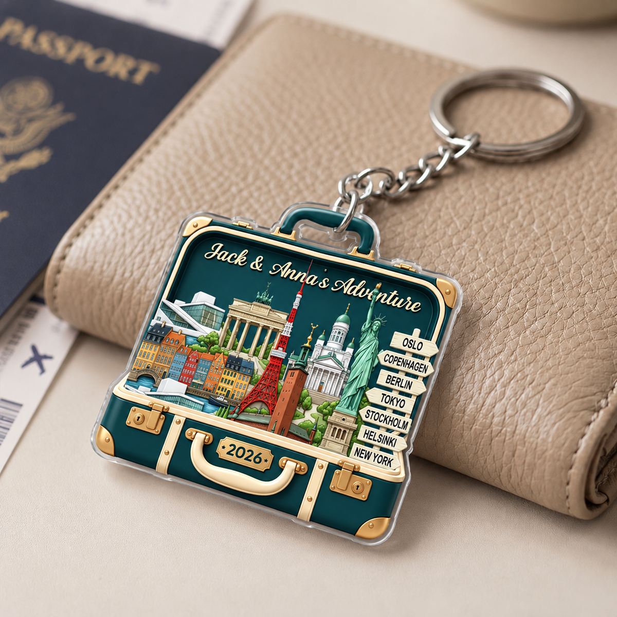 Custom Travel Adventure Suitcase 2D Flat Printed - Personalized Acrylic Keychain - Traveling Destination Keepsake, Christmas Gift For Traveling Lovers