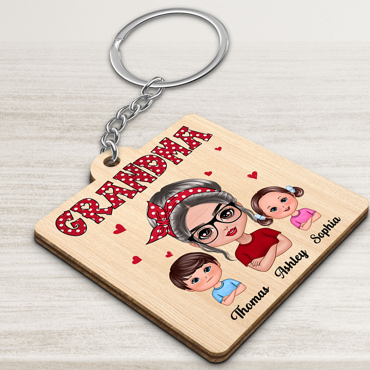 Polka Dot Pattern Grandma And Grandkids Personalized Wooden Keychain