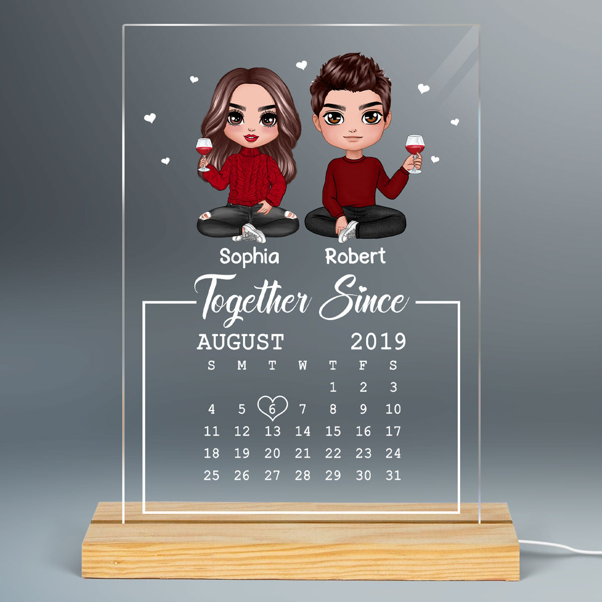 Doll Couple Sitting Together Since Personalized Acrylic Plaque LED Night Light - Anniversary Gift For Couple - Gift For Him Gift For Her