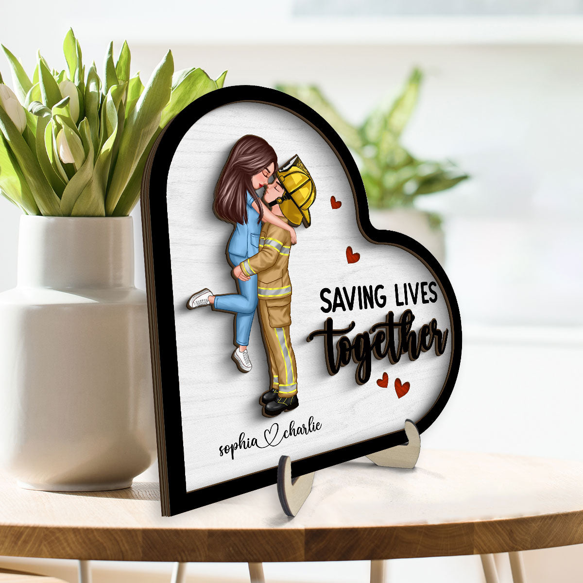 Saving Lives Together Couple Valentine‘s Day Gifts by Occupation Gift For Her Gift For Him Firefighter, Nurse, Police Officer Personalized 2-Layer Wooden Plaque