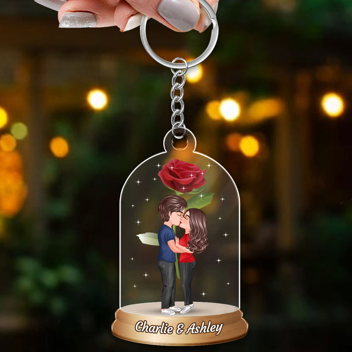 Couple Kissing In Rose Jar Anniversary Gift Personalized Acrylic Keychain