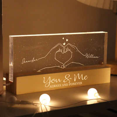 Couple Heart Hands Outline Personalized Acrylic Block LED Night Light, Gift For Him, For Her, Boyfriend, Girlfriend, Husband, Wife