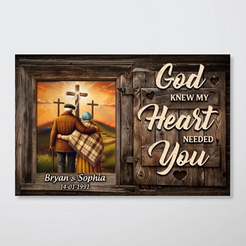 Cross God Knew My Heart Needed You Old Couple Walking Hugging Personalized Poster, Anniversary  Gift For Him, Her, Husband, Wife