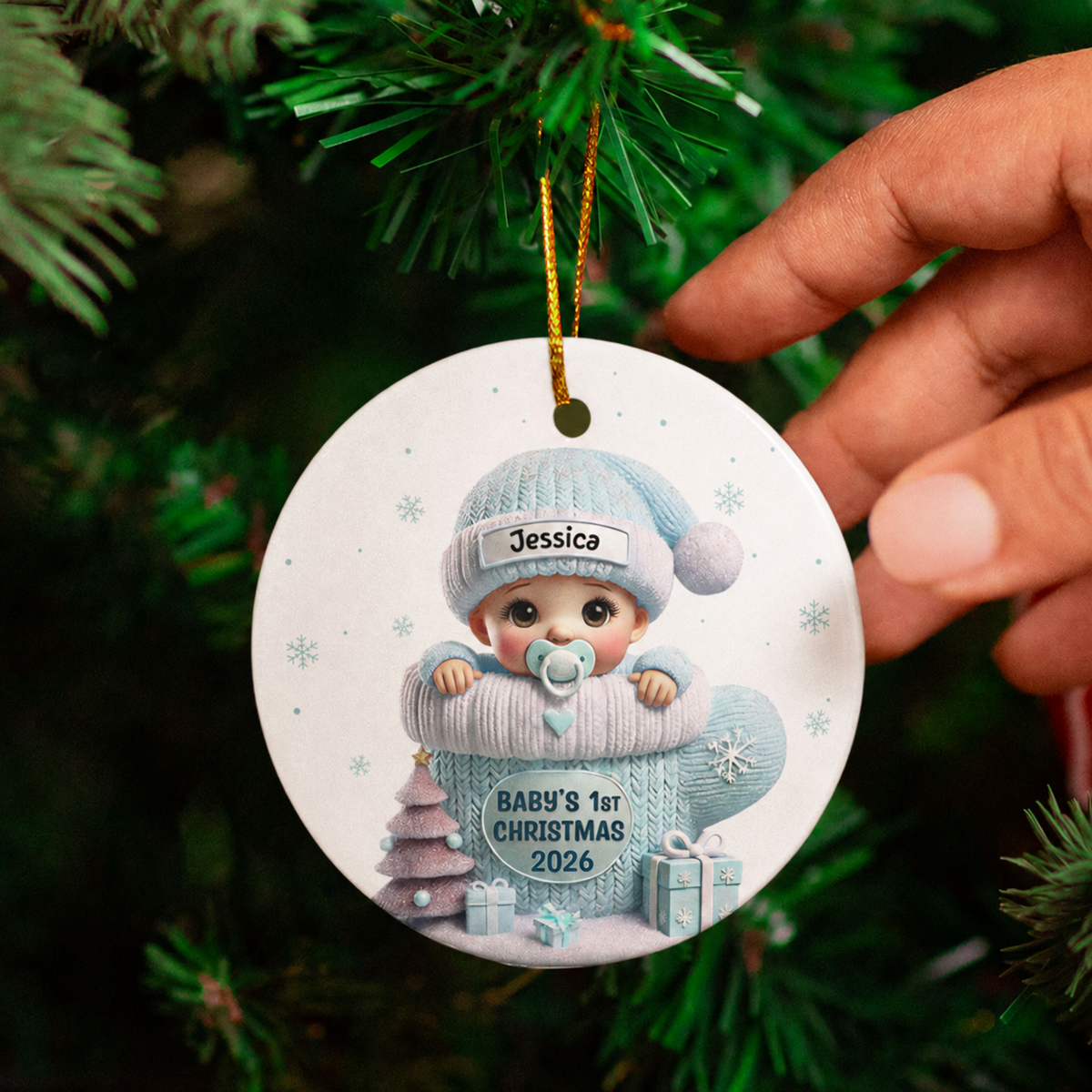 Baby In Mitten 3D Effect Baby's First Christmas Personalized Ceramic Flat Ornament