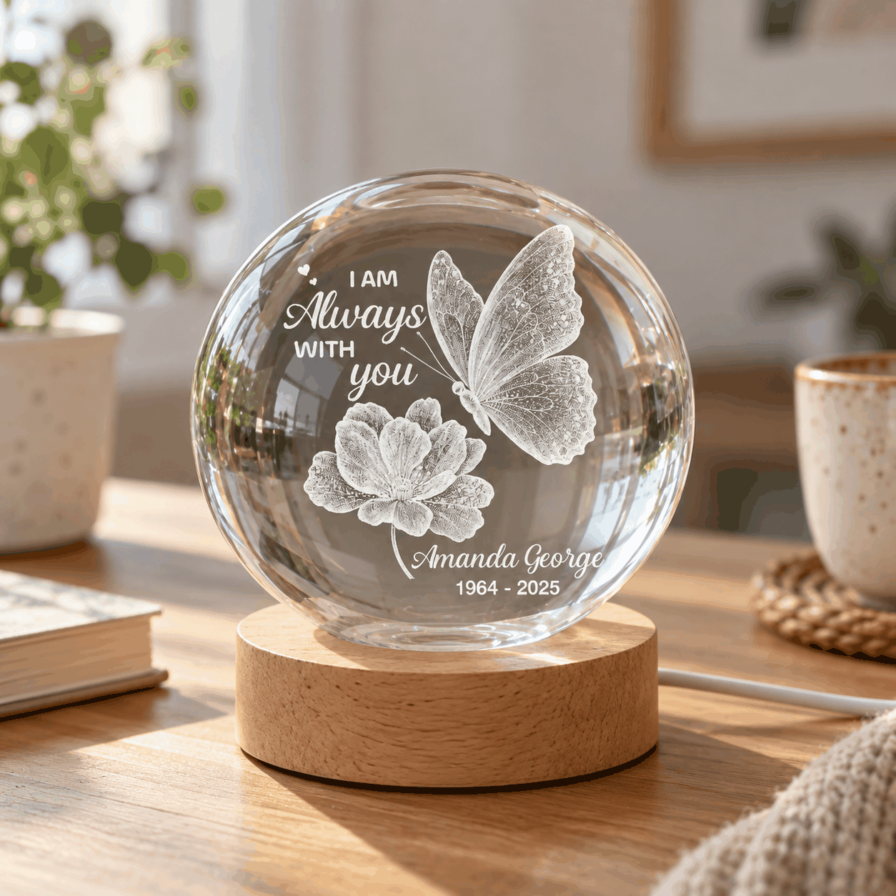 Now She Flies With Butterflies Memorial - Personalized Crystal Ball LED Night Light - Memorial Keepsake Remembrance Gift For Lost Loved Ones