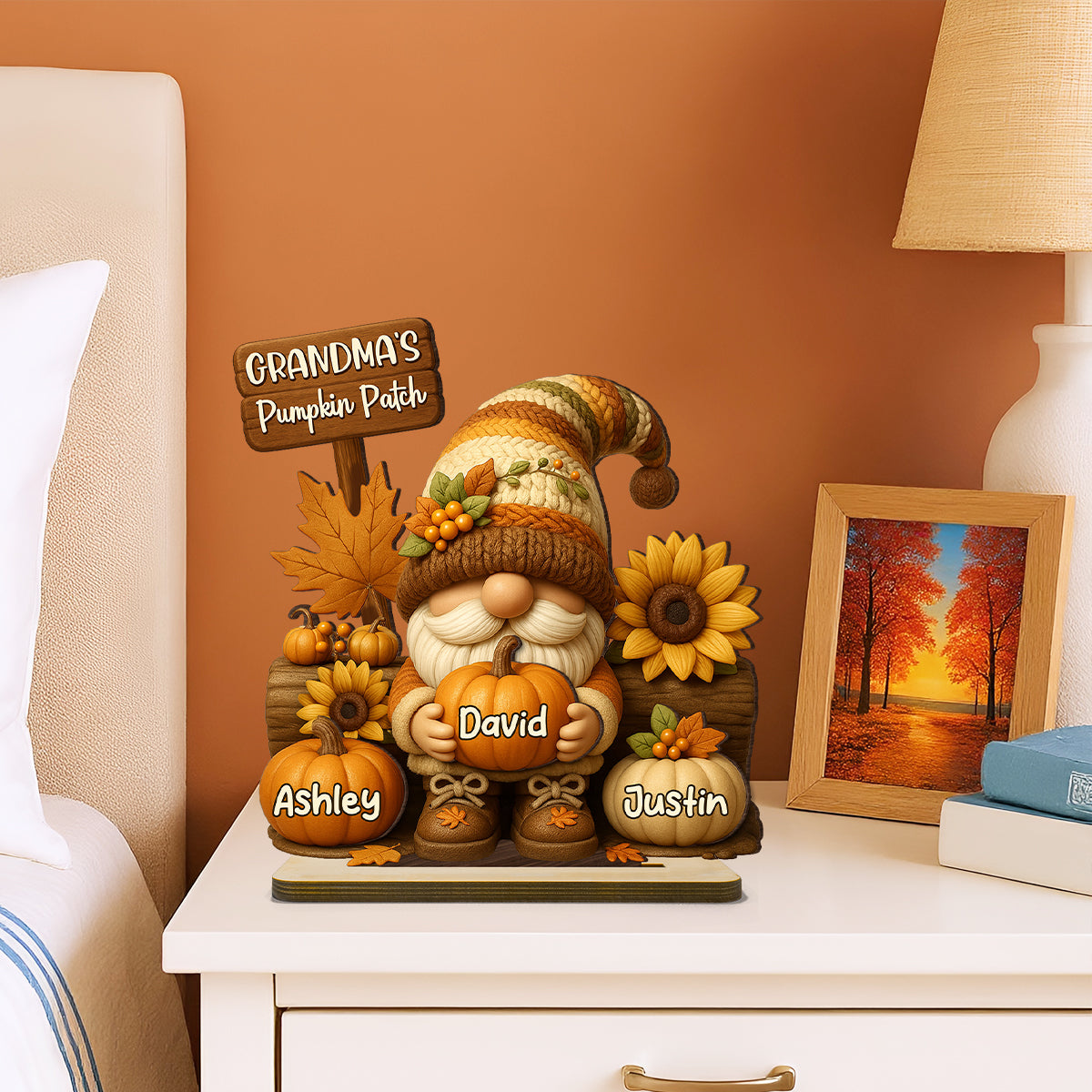 Gnome Grandma's Pumpkin Patch Personalized Standing Wooden Plaque, Fall Decor for Grandma