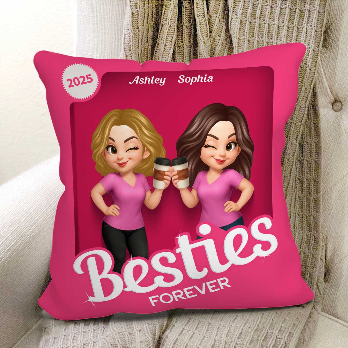 Besties Partners In Crime Pink Action Figure 3D Effect Personalized Pillow