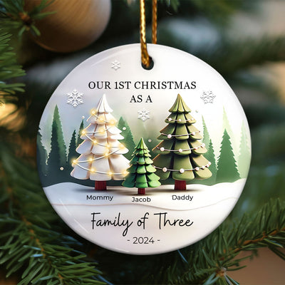 First Christmas As A Family Of 3, 3D Effect Personalized Ceramic Ornament, Christmas Gift For Newborn, New Mom, New Dad
