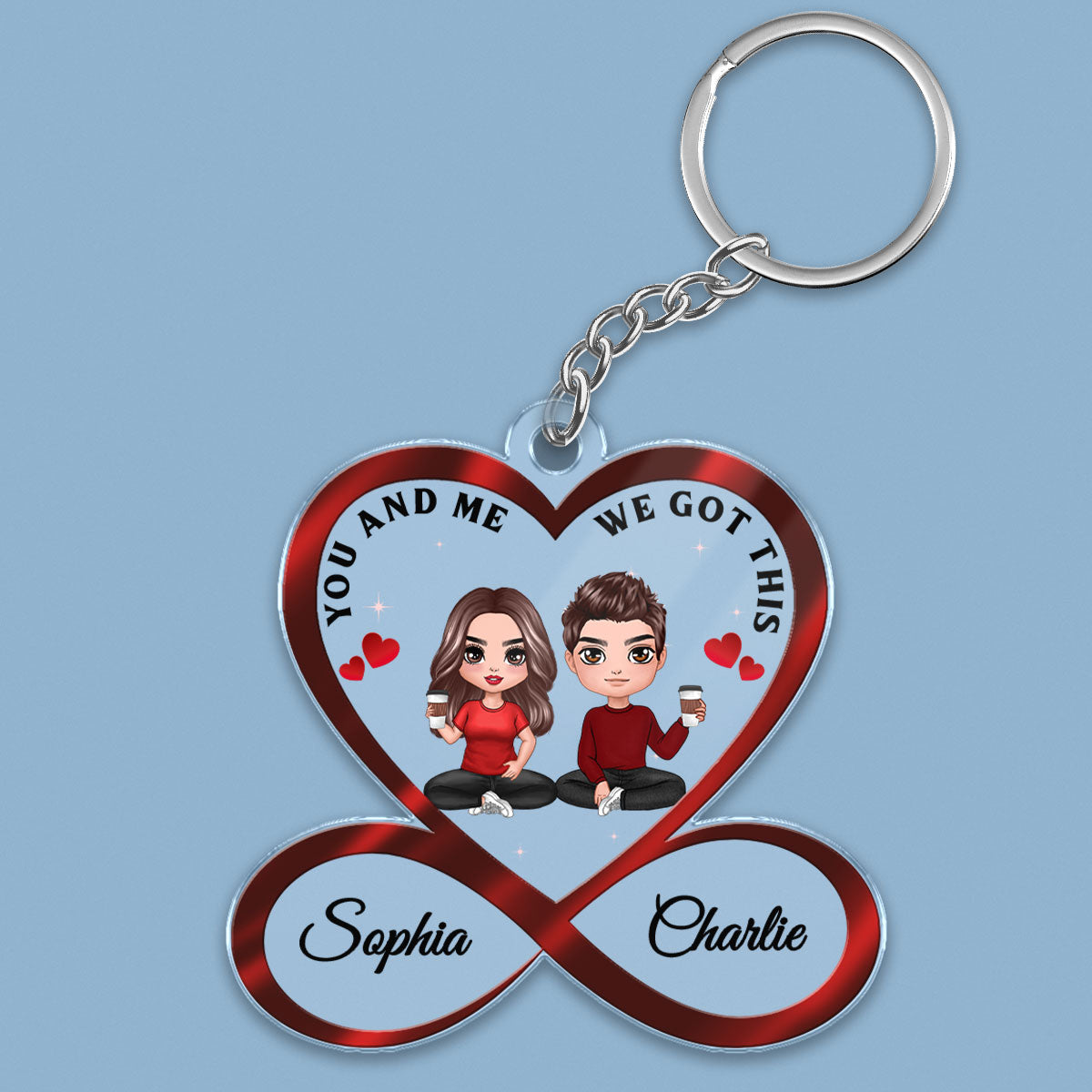 Infinity Heart Doll Couple Sitting Anniversary Gift For Him Gift For Her Personalized Acrylic Keychain