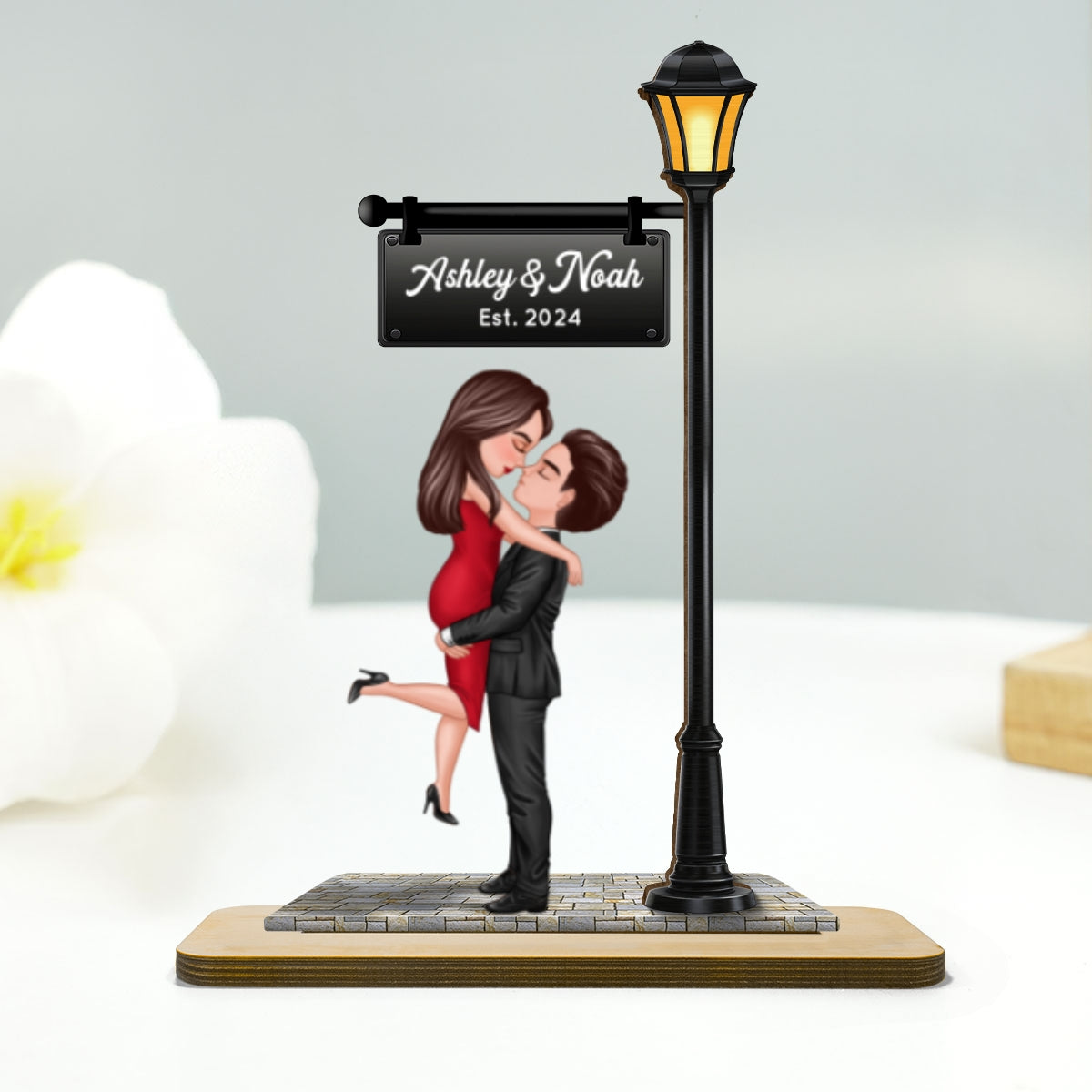 Couple Kissing Under Lamp Post Forever Love - Personalized 2-Layer Wooden Plaque - Heartfelt Anniversary Gift For Her, For Wife