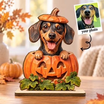 Custom Dog Cat Pumpkin Art - Personalized 2-Layered Wooden Plaque - Pet Halloween Fall Decor