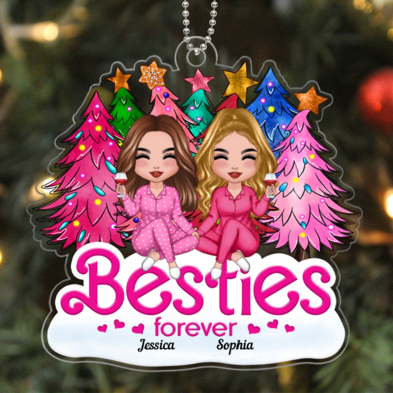 Pink Christmas Trees Doll Besties Sisters Christmas Gift For Best Friends Personalized Acrylic Ornament