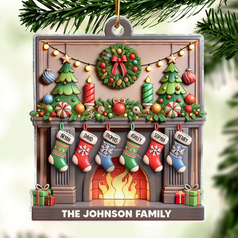 3D Family Christmas Stockings On Festive Mantel Personalized Acrylic Ornament