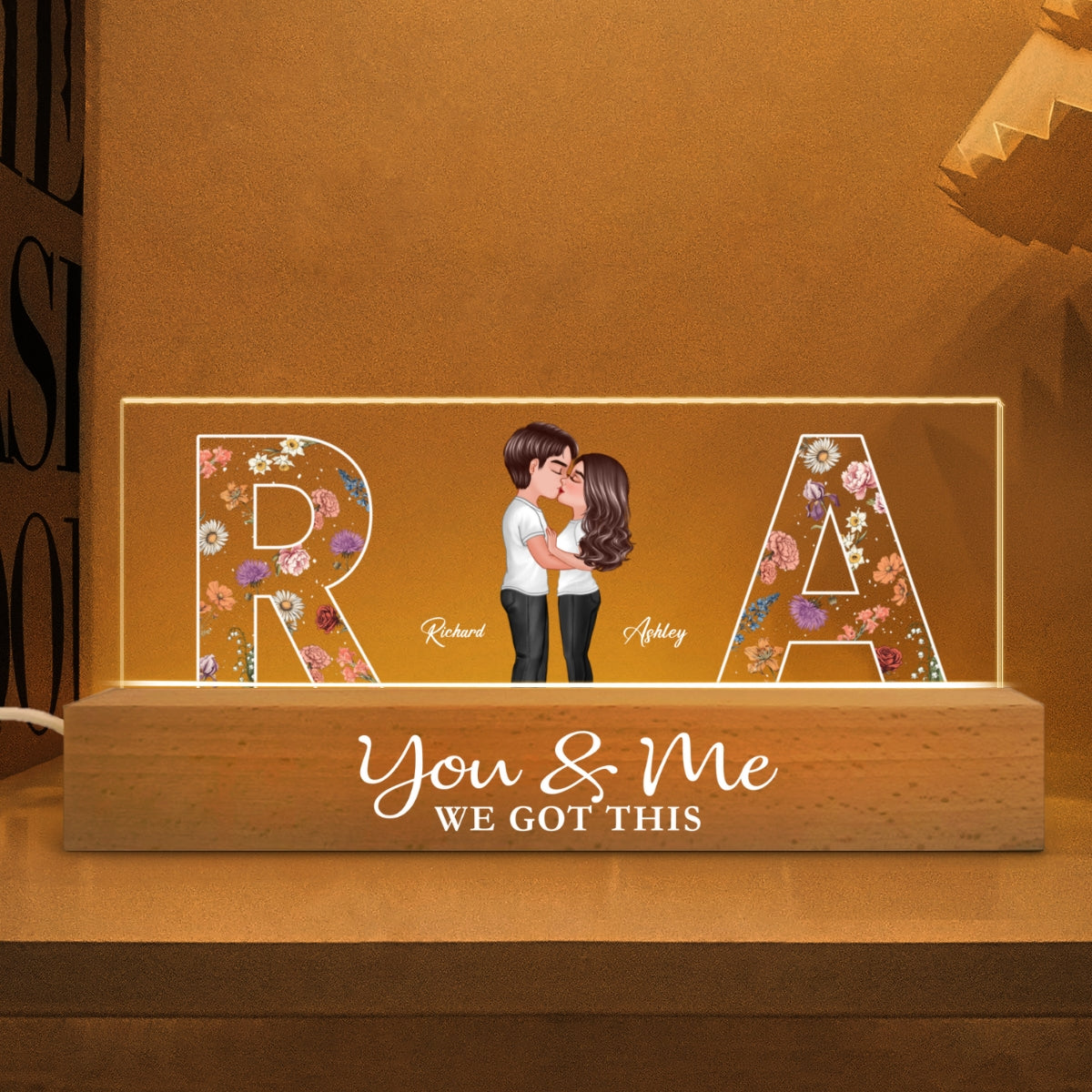Couple Initials Floral Theme Couple Kissing Anniversary Gift Personalized Acrylic Block LED Night Light