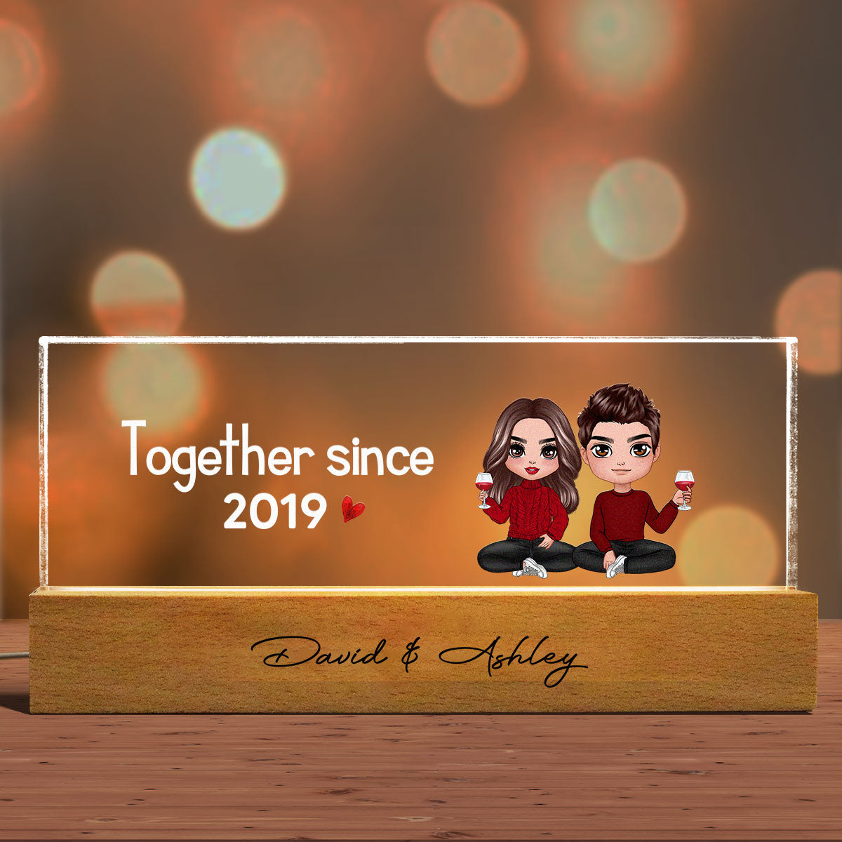 Doll Couple Sitting Together Since Personalized Acrylic LED Night Light, Anniversary Gift For Her, Gift For Him