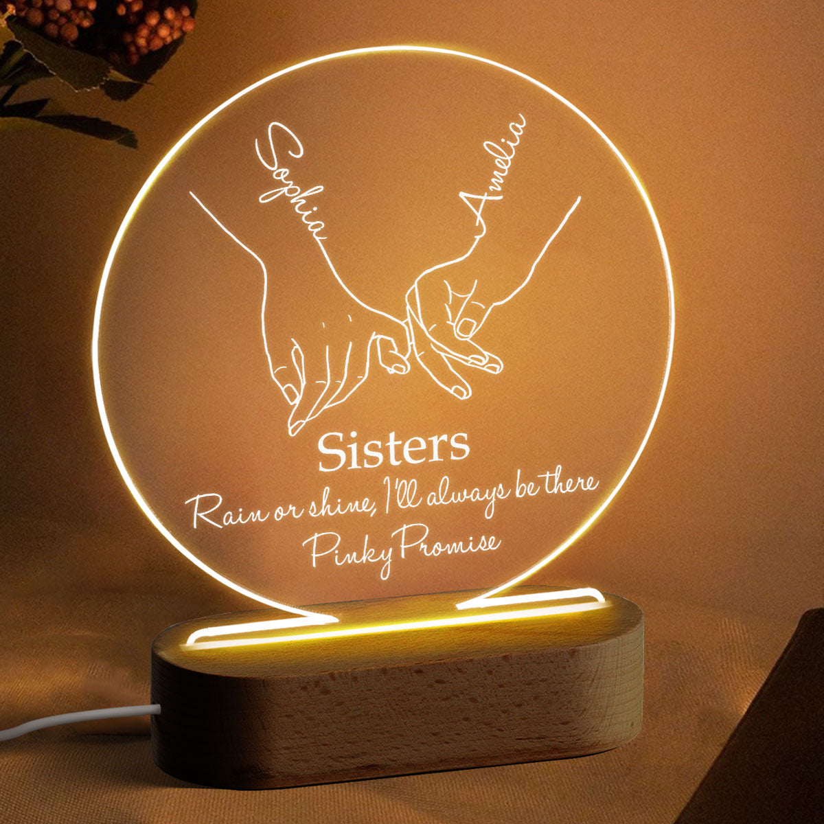 Besties Sister Pinky Promise Personalized Circle Acrylic Plaque With LED Night Light