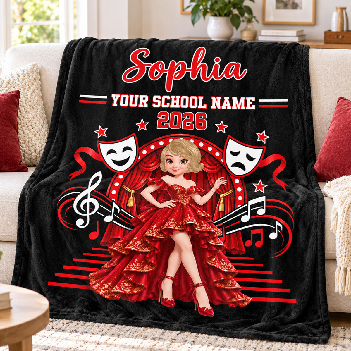 Theater Drama Club Girl Custom Name & School Name - Personalized Fleece Blanket - Graduation Gift For Musical Theater Girls, High School Theater Students, Daughter, Granddaughter