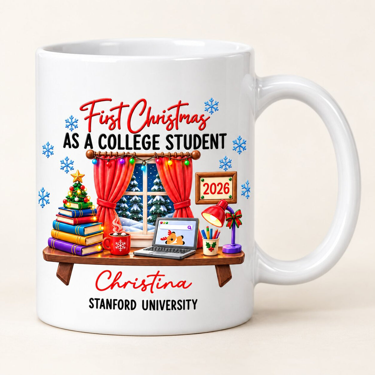 College Student With Desk Design - Personalized Mug - Christmas Gift For New Student, Boy, Girl