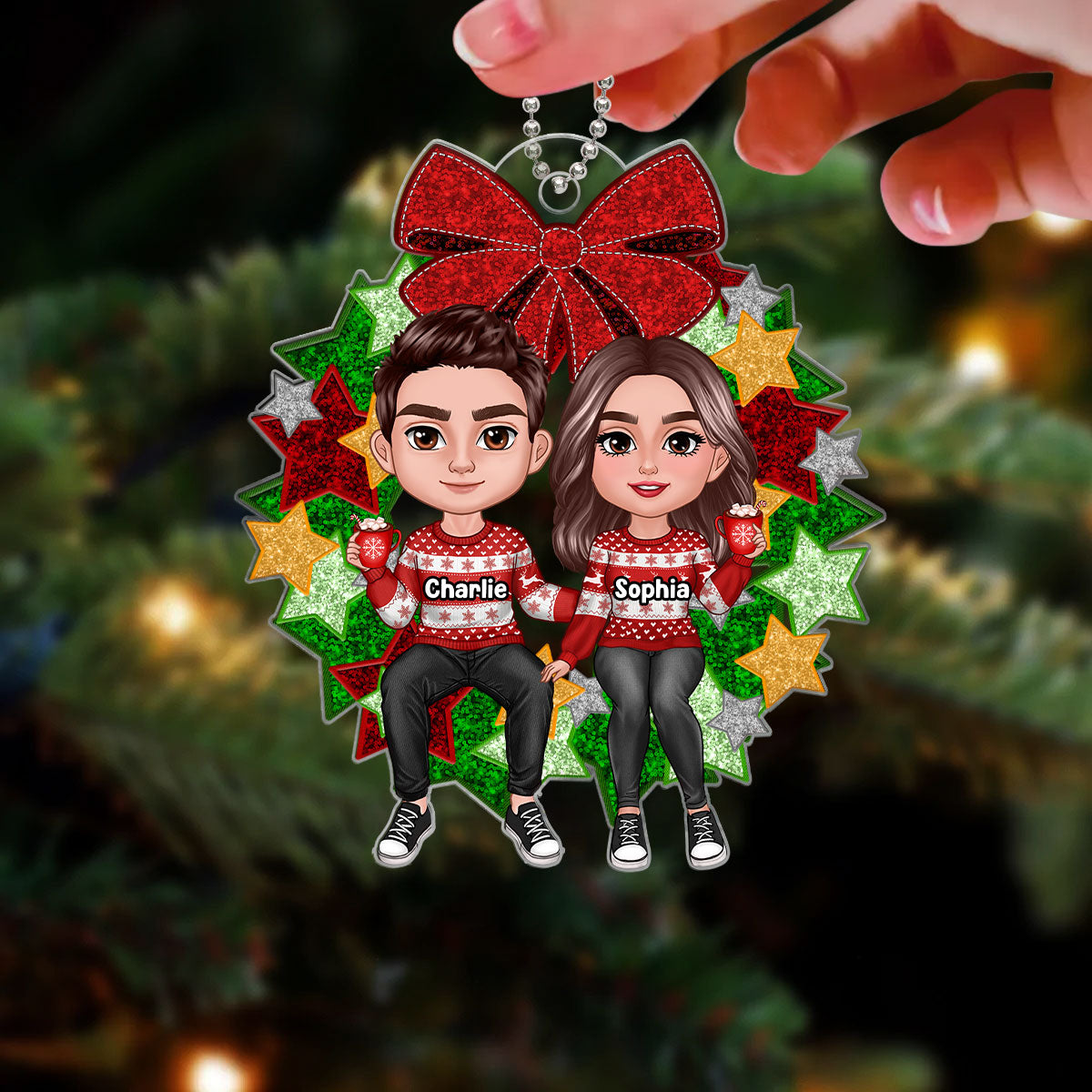 Christmas Couple Sitting On Faux Sequin Wreath Personalized Acrylic Ornament