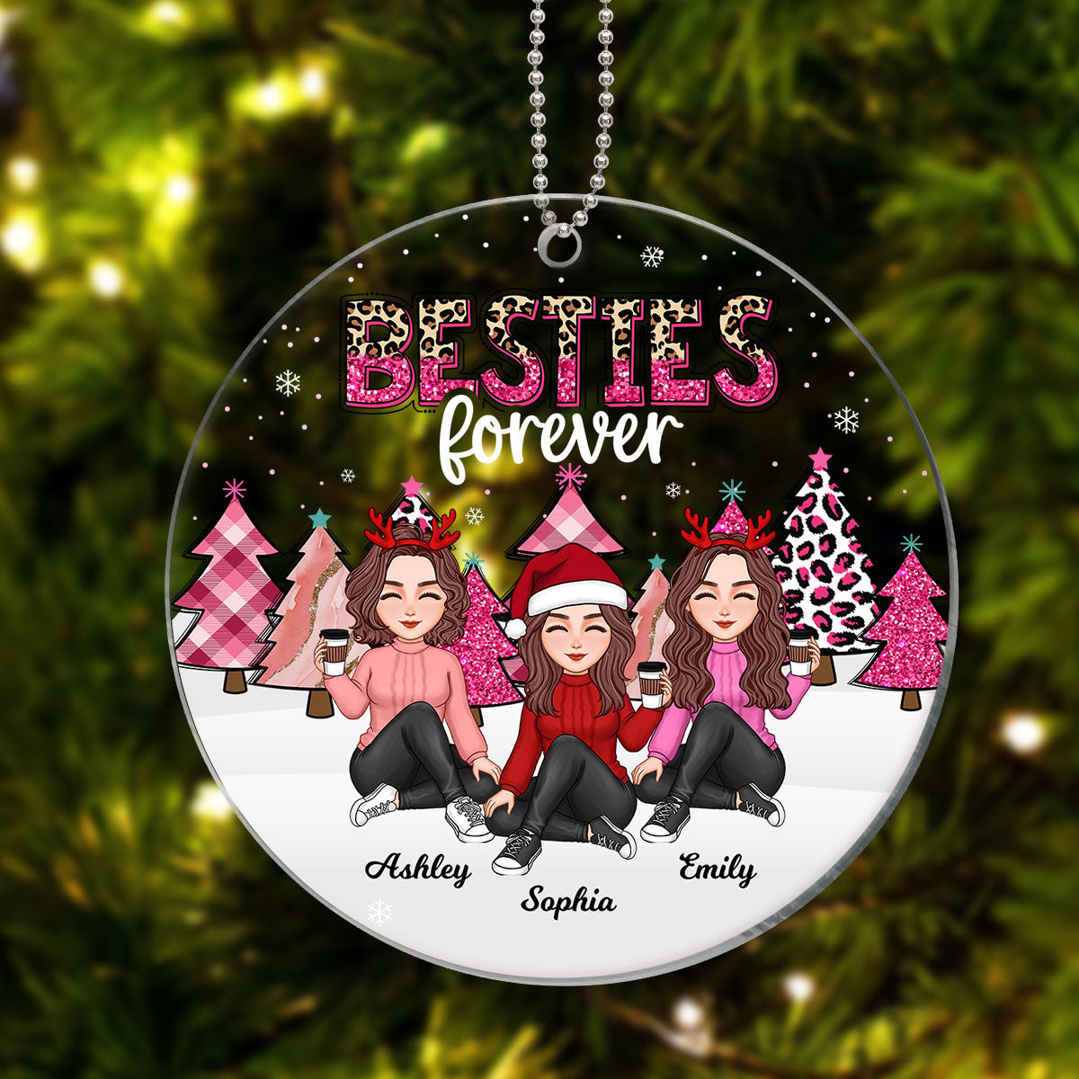 Besties Sisters Pink Leopard Buffalo Plaid Christmas Trees Personalized Acrylic Ornament