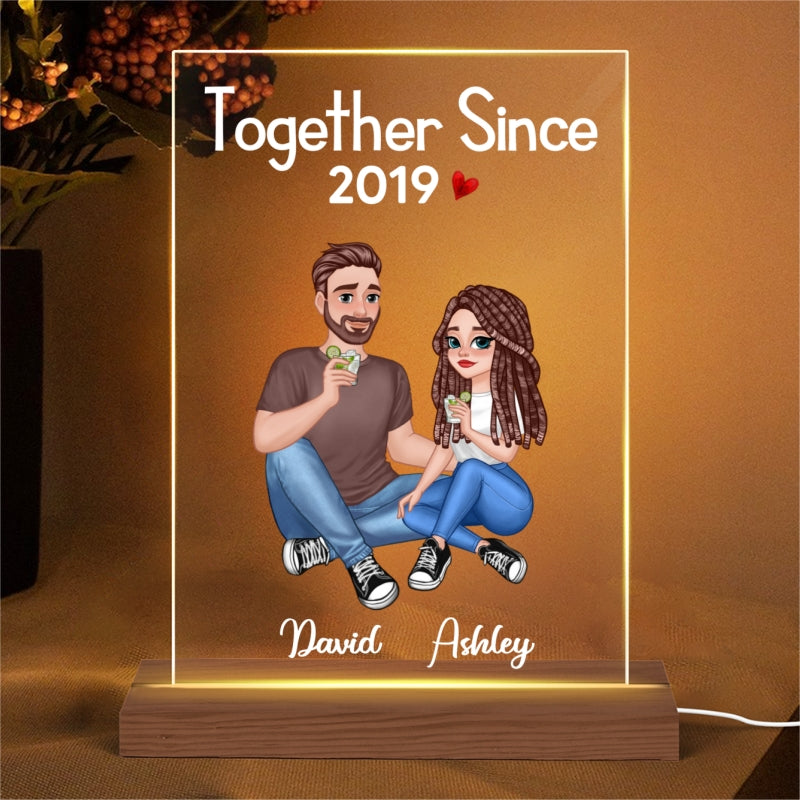 Cartoon Couple Sitting Together Since Anniversary Gift Personalized Rectangle Acrylic Plaque With LED Night Light