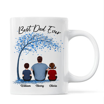 Blue Tree Best Dad Ever Back View Man Sitting With Kids Dogs Cats Father‘s Day Gift Personalized Mug