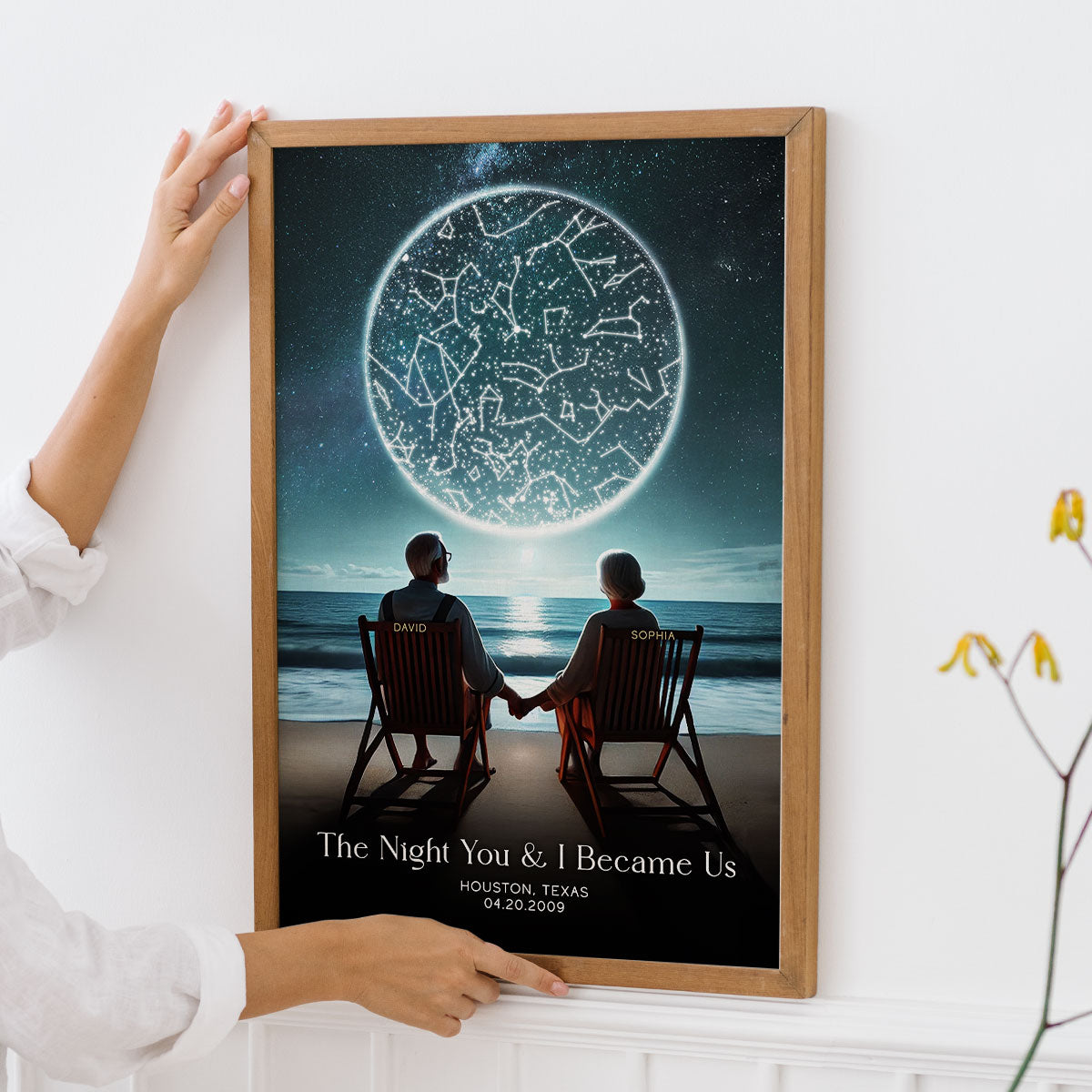 Custom Star Map Personalized Poster, Romantic Old Couple Sitting on the Beach