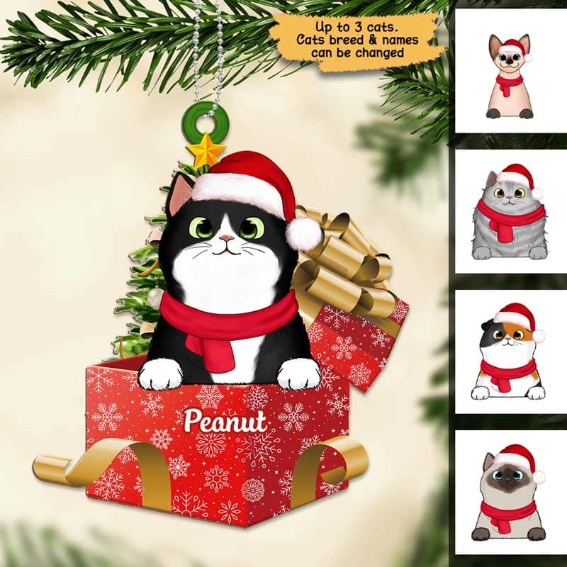 Peeking Cats On Christmas Gifts Personalized Wooden Ornament