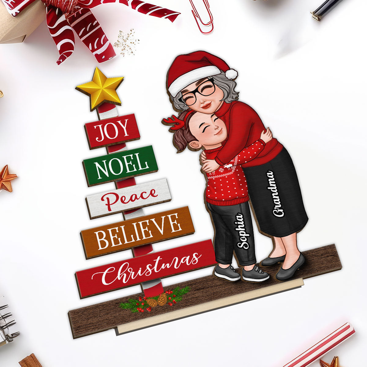 Joy Peace Believe Christmas Gift For Granddaughter Grandson Personalized 2-Layer Standing Wooden Plaque