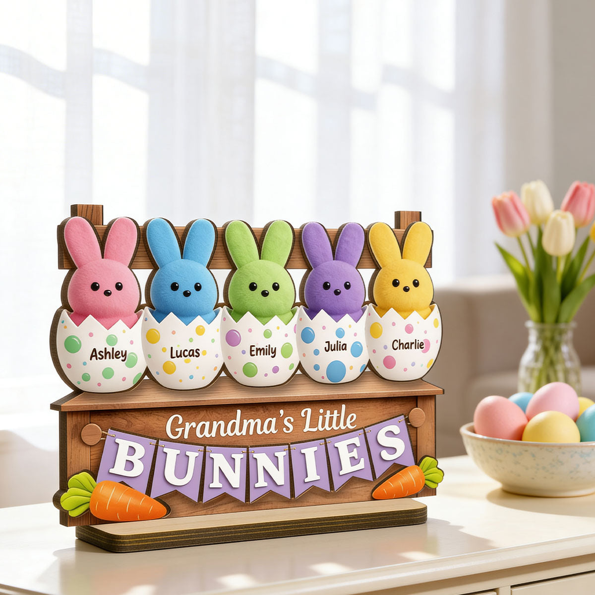 Grandma Little's Bunnies - Personalized 2-Layered Wooden Plaque - Easter Decor for Grandma
