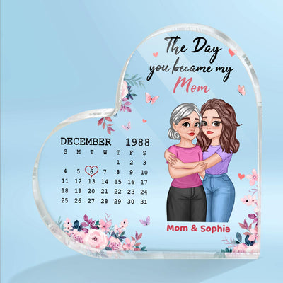 The Day You Became My Mommy Hugging Cartoon Mother Daughter Calendar Date Personalized Acrylic Heart Plaque