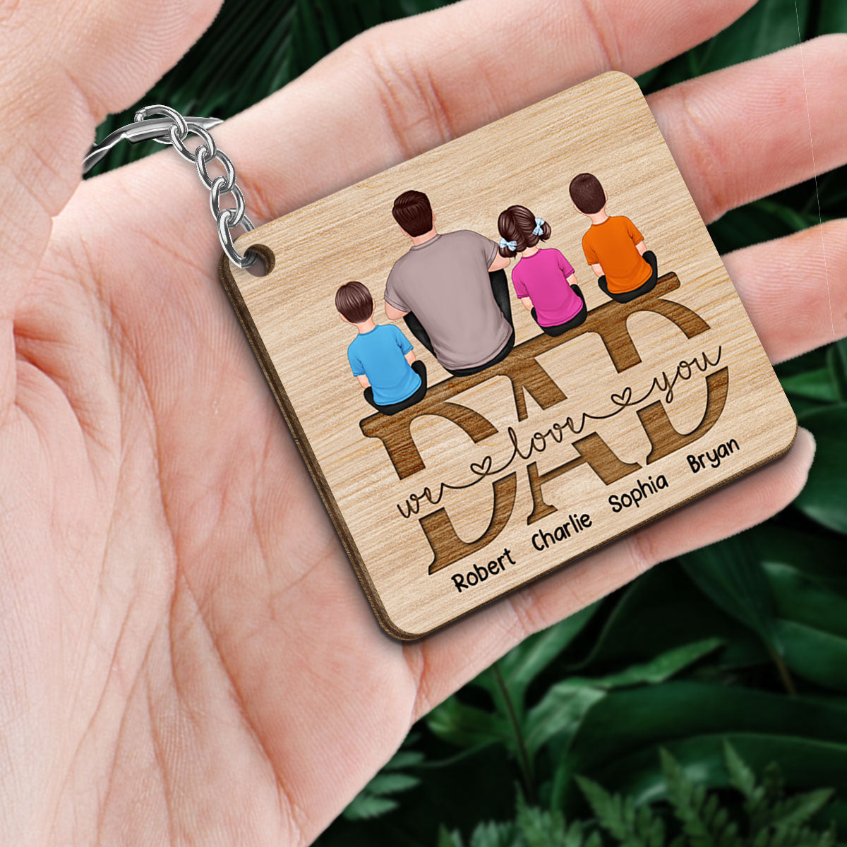 Dad We Love You Sitting Back View Man Kids Dog Cat Sitting On Word Personalized Wooden Keychain