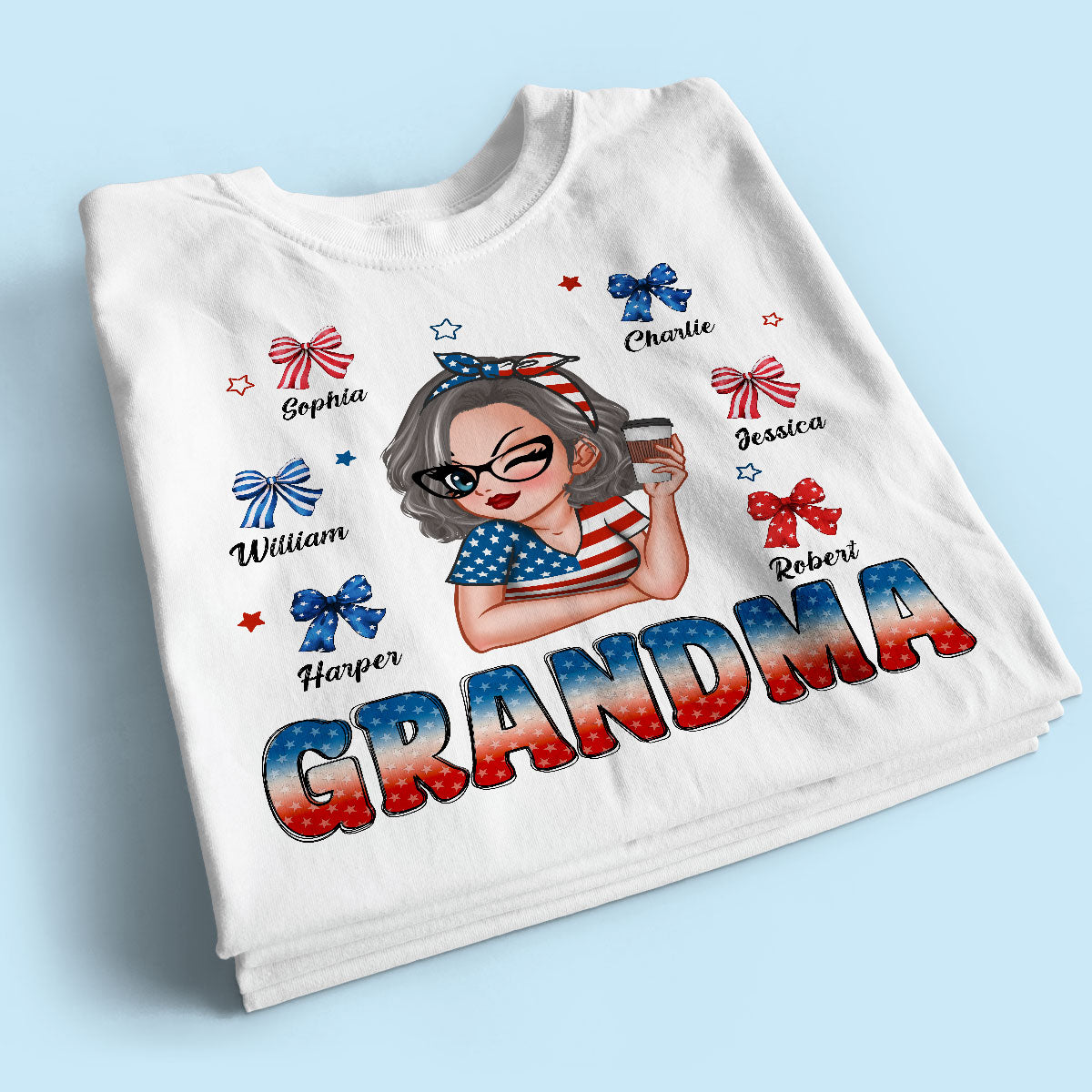 4th Of July Bows Coquette Grandma With Grandkids Names Personalized Shirt
